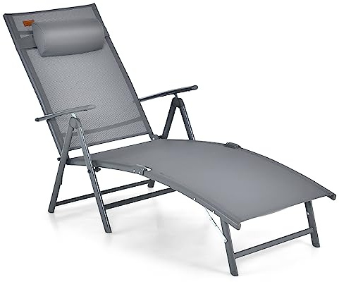 FANTASK Sonnenliege klappbar Outdoor mit 7 verstellbaren Rückenlehnen, Gartenliege mit Kopfstütze, Klappliege bis 150 kg belastbar (Grau)