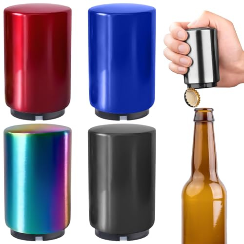 4 Stück Flaschenöffner Premium Push & Pull, Bier Flaschenöffner Set Bieröffner in Edelstahl-Optik, Automatischer Bottle Opener für Männer Geschenkidee Valentinstag Geburtstag Party Festival