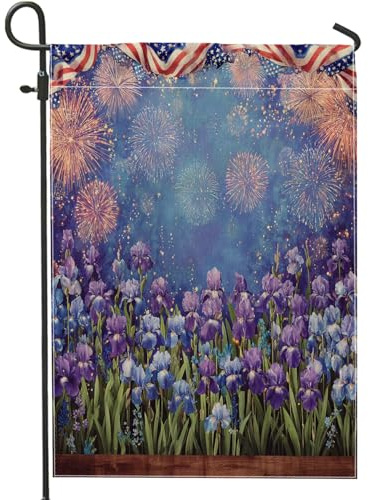Bandera patriótica de jardín de fuegos artificiales e iris, decoración floral azul violeta, bandera de patio de celebración del Día de la Independencia, pancarta de doble cara para fiestas de