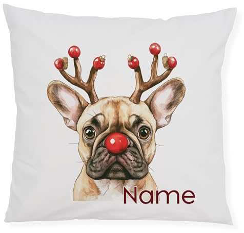 GRAZDesign Weihnachtskissen mit Hund und Rentiergeweih – Kissenbezug 40×40 cm flauschig weich französische Bulldogge