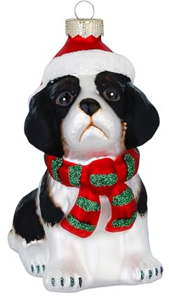 Christbaumschmuck Glas 10,5cm - Hund mit Mütze & Schal Figur zum Aufhängen - handbemalt - Weihnachtsbaum Anhänger für Weihnachten - Christbaumanhänger & Weihnachtsbaumschmuck - Tiere Rot Weiß