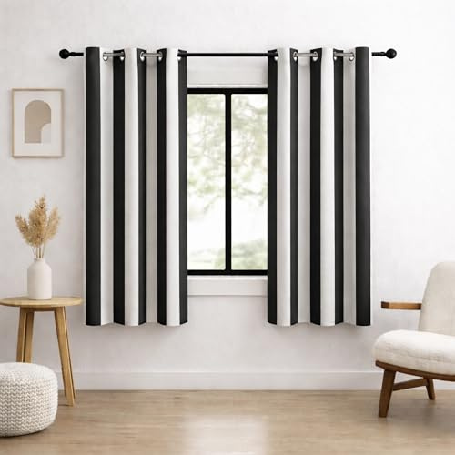 BOHOMOCASA Black and White Vertical Stripe Blackout Curtains, Modern Minimalist Striped Drapes, 100% Light Blocking, Thermal Insulated & Noise Reducing Curtains, Grommet Top 42 x 63 Inches, 2 Panels