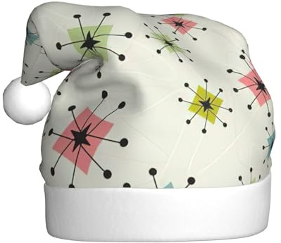 Atomic Stars Retro Muster Druck Weihnachtsmütze Herren und Damen Santa Cap für Urlaub Party Outfits Dekorationen