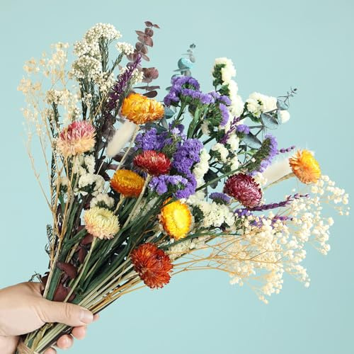 Natural Dried Flower Bouquet, 17 DIY Floral Arrangements with Eucalyptus Strawflower Lavender, Rustic Boho Wedding and Home Centerpiece Decorations, Fall Table Décor
