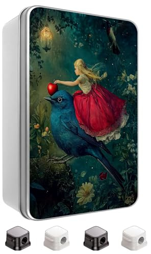 VACGBJPG Metal Tin Box with Lid,Multifunctional Storage Box 18x11x5.5 Store Tea Biscuits Game Cards Tarot Cards and Handcraft Parts-with 4 Cable Clips,Enchanted Garden Fantasy