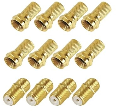 JZK Set connettori F, 8 accoppiatori a spina tipo F e 4 adattatori SAT | Placcati in oro Connettore F femmina a coassiale maschio, kit prolunga per cavo antenna coassiale sistemi satellitari, TV, BK