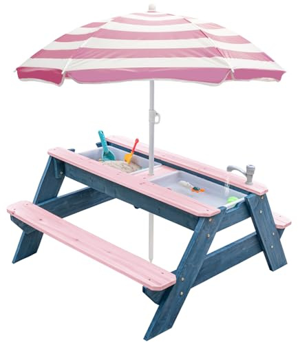 K LUCKIDS Kids 3-in-1 Sand- und Wasser-Aktivitätstisch, Holz, Outdoor, wandelbarer Picknicktisch mit Regenschirm, 2 Spielboxen, abnehmbare Oberseite, Wasserhahn-Tisch für den Außenbereich (Pink/Pink)