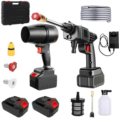Kit Idropulitrice Soffiatore Portatile Elettrica ad Alta Pressione con 2 Batterie da 48V e Accessori Fresa per Pulizia Auto Giardino e Superfici Esterne Soffiatore Polvere e Foglie