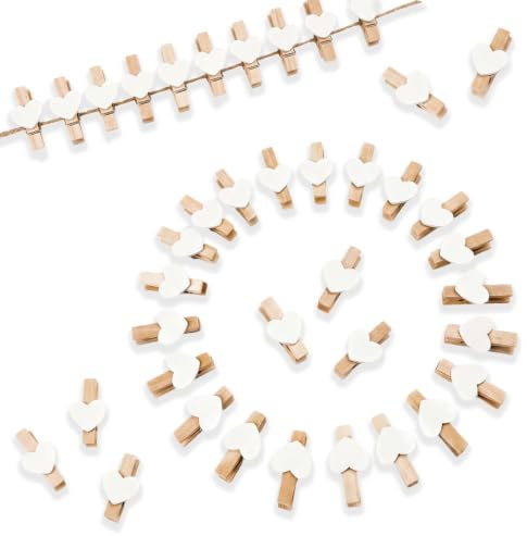200 Pièces Mini Pince A Linge Bois Pince A Linge Bois Mini Pince A Linge | Blanc Cœur aux Cartes Postales, Murs de Photos, Notes, Rangement de Bureau, Fêtes D’Artisanat et Autres Occasions