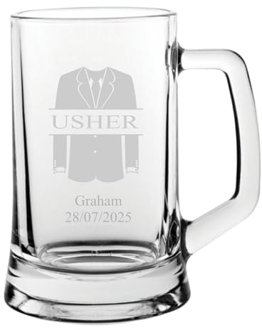 1stclassgifts [Custom] Personalised Engraved Tuxedo Wedding Design Pint Glass Tankard 23.25oz Groom Groomsman Best Man Usher Father of The Groom/Bride Page Boy (Usher, Cardboard Box)