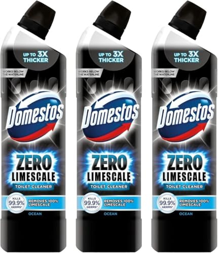 Domestos Zero Limescale Ocean Toilet Gel 750ml x 3 Pack – Antibacterial Toilet Cleaner | Removes Limescale, Dirt & Toilet Stains for a Fresh Hygienic Bathroom