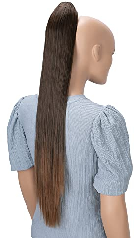 CAISHA 70cm Extralang Clip On Haarteil Zopf Pferdeschwanz Hitzebeständig Synthetik Glatt Braun Mix H81