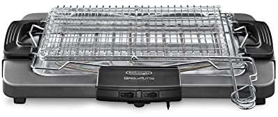 De'Longhi BQ80 Barbecue Grill Elettrico con Griglia e Bistecchiera, Doppia Griglia, Doppia rotazione, impugnatura termoisolante, interruttore di sicurezza, vassoio antigoccia, facile da pulire,Grigio