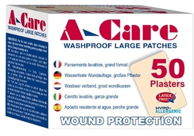 A-Care Washproof Plasters. Large Patch Dressings 7.2cm x 5cm (box of 50)