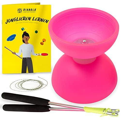Diabolo-Set mit Comet Diabolo (neon-pink) & Handsticks aus Aluminium, Henrys Ersatzschnur, Anleitung - Einsteiger-Set & Geschenk für Kinder