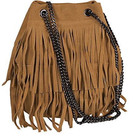 OBC Made in Italy Damen Tasche mit Kette/Kettentasche Bucket Bag Fransen Wildleder Kroko Handtasche Umhängetasche Schultertasche Beuteltasche (Cognac 20x25x19 cm)