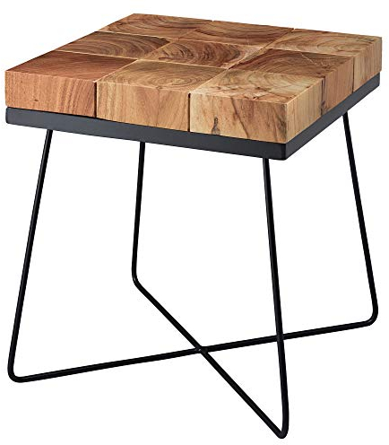 Wohnling Beistelltisch 45 x 45 x 51 cm Akazie Massivholz mit Metallgestell, Industrial Anstelltisch Quadratisch Massiv Holz Tisch Braun, Wohnzimmertisch Modern Holztisch mit Metallbeinen