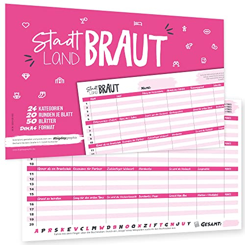 bigdaygraphix Stadt Land Fluss Braut XXL Partyspiel Junggesellinnenabschied I 50 Seiten A4 Block Gesellschaftsspiel I witziges Spiel JGA pink rosa