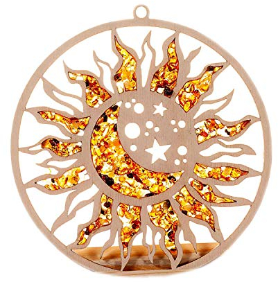 Raduly Sonnenfänger Suncatcher Bernstein aus Birkenholz, Sonne & Mond, Verkleidung, Fensterdekoration, Ø 10