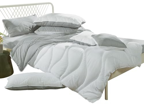 Erwin Müller Bettdecke, Leicht-Steppbett, Reisebett-Decke Amper Wärmestufe 1 weiß/grau, 135x200 cm - Microfaserbezug, Sommerseite und Winterseite, silikonisierte Hohlfaserfüllung, pflegeleicht