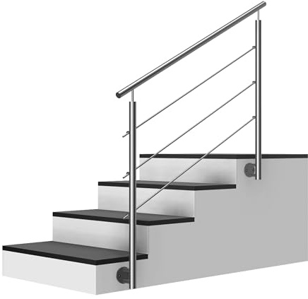 Edelstahl Treppengeländer/Außengeländer, 1,2m lang, 0,9m hoch, Seitenmontage, je 2 Pfosten + Handlauf mit Kugelring + 3 Querstäbe + Zubehör, Winkelverstellbar (L:1200mm H:900mm)