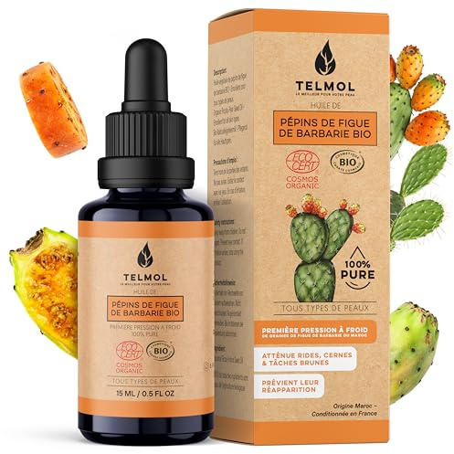 TELMOL Huile de Pépins de Figue de Barbarie Bio (15ml) — Flacon en verre violet biophotonique & Pipette — 100% Pure, Première Pression à Froid — Huile de Figue de Barbarie Bio Visage Anti-Âge