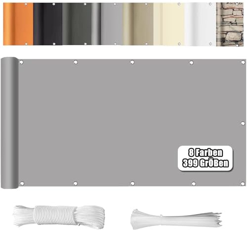 WEALSFUN Balkonabdeckung 90X800CM (390Größen & 8 Farben) Balkonverkleidung Ohne Bohren blickdichte Wind UV-Schutz mit Ösen Kabelbinder Kordel, Hellgrau