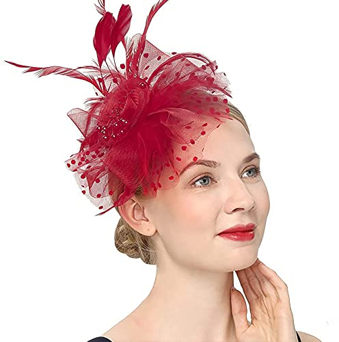Organza Hut mit Feder Harrschmuck Netzschleier Fascinator Hochzeithut Damen Ascot Hut Blume Kopfbedeckung Vintage Royal Stirnband Geteilten Clip Partyhut Kirche Hochzeit Cocktail