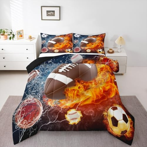 Erosebridal Football Comforter Twin Rugby Sports Bedding Set for Teen Boys Girls Kids,Soccer Basketball Baseball Comforter Red Blue Water Fire Lightning Quilt Duvet Insert Bedroom Decor 1 Pillow Case