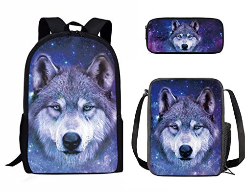 Binienty Rucksack für Kinder Jungen Mädchen Schule Büchertasche mit Lunchbox und Federmäppchen Büchertasche Set für Grundschule, Galaxy Wolf, Einheitsgröße