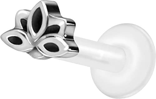 PIERCINGLINE PTFE Labret mit Gewinde Titan Aufsatz LOTUSBLÜTE Piercing Lippe Nase Ohr Helix Tragus Medusa Silberfarben 1,2 x 9 mm
