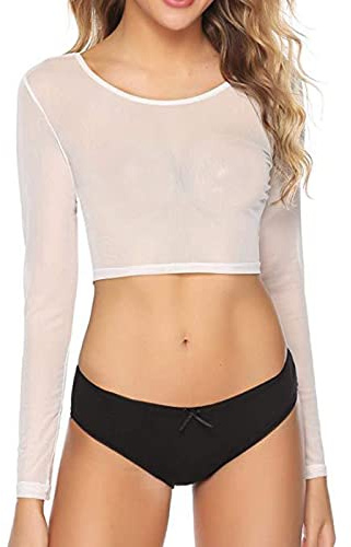 Maglietta sexy trasparente a maniche lunghe, girocollo, rete leggera, per feste casual, in tulle, bianca, Taglia unica