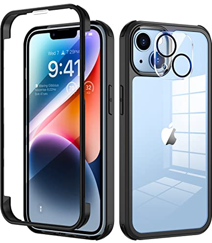 seacosmo för iPhone 14 Mobilskal, [9H HD] Integrerat Skärmglas och Linsskydd, 360 Grader Stöttåligt Fodral, Stötdämpande Skal för iPhone 14, Svart