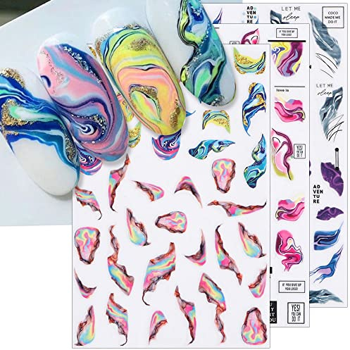 Dornail 6 Blätter Bunt Blühen Marmor Nagelsticker Selbstklebend Wellen Linien Nagelaufkleber 3D Regenbogen Marmor Blühend Nagel Stickers Nagelzubehör Nail Sticker Nageldesign Nail Art Aufkleber