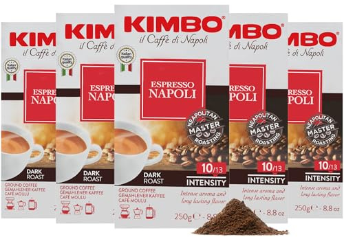 Kimbo Coffee Espresso Napoli Ground Coffee, Medium Dark Roast, 5 x 250g
