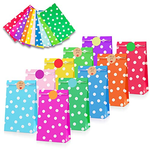 Leenou 40 Pezzi Sacchetti Regalo di Carta, Bustine Regalo di Carta per Caramelle, Borsa da Festa Colorata con 96 adesivi, Sacchettini Compleanno Bambini per Confezionare Regali, Matrimoni, Natale