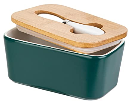 Eidoct Mantequillera de porcelana verde, acero inoxidable, madera, silicona con tapa, cuchillo, rectangular, 650 ml, sin cadmio
