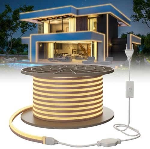 SUCIKORIO Neon LED Streifen 30m, 230V Wasserdicht IP65 Led Strip Warmweiss 3000K Leds Lichterkette Außen 120 LED/M Flexibler DIY Lichtband Aussenbereich mit Netzteil für Haus, Party, Küche