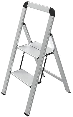 Mephisto Escabeau pliant - Échelle domestique plate en aluminium avec marches antidérapantes avec 2 marches avec poignée - Charge maximale : 150 kg