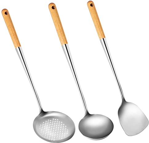 Dropfree Wok-Spatel und SchöPflöFfel, Skimmer SchöPflöFfel Werkzeug Set, 17 Spatel für Wok, 304 Rostfreier Stahl Wok Spatel