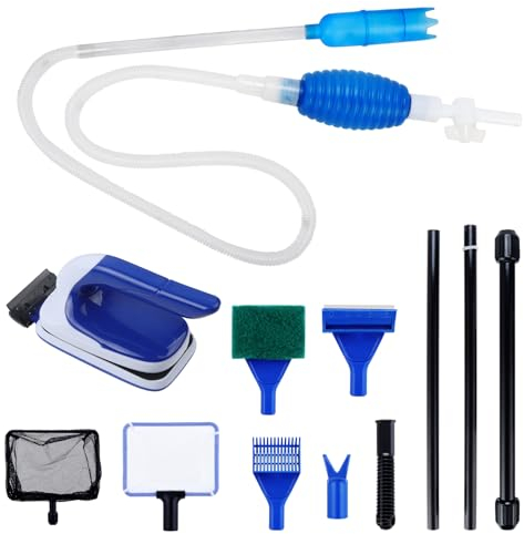 Coolty 8 in 1 Aquarium Werkzeug für Aquarium Reinigungs-Aquarium Reiniger Fischnetz Kies Rechen Pflanzengabel Schaber Schwamm Handsiphonpumpe Schwimmende Reinigungsbürste