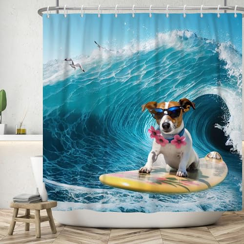 ASDCXZ Divertida Cortina de Ducha 180x180 cm, Divertido Perro Océano Monopatín Surf Gaviota Baño Cortinas de Ducha Lavables Textil Impermeable Cortina de Ducha con 12 Ganchos