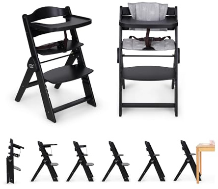 Ms BabyWorld Seggiolone PIEGHEVOLE Full per bambini in legno, completamente pieghevole, evolutivo, seggiolone, ergonomico, regolabile, sicuro, (Nero/Grigio)