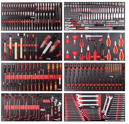 Mephisto 8 Werkzeugeinlagen Werkzeug in Soft Inlay mit Carbon Lock | Ratschen-Set, Schraubendreher- Set, Ring- Ringratschen- Maulschlüssel- Set, Steckschlüssel- Set, Drehmomentschlüssel, Zangen