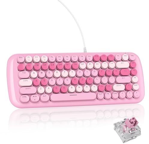 iRoboosta Rosa krämigt mekaniskt speltangentbord, estetiskt tangentbord med vit bakgrundsbelyst, 84 tangenter söt retro skrivmaskin datortangentbord trådbunden med rosa strömbrytare, runda tangenter