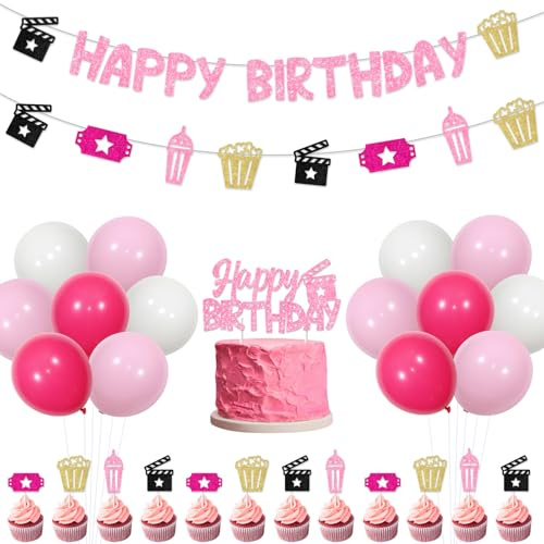 kreat4joy Filmnacht Party Dekorationen für Mädchen, Film Geburtstag Party Dekorationen Rosa Happy Birthday Banner Girlande Cupcake Kuchen Topper Ballons für Projektor Popcorn Kino Dekorationen