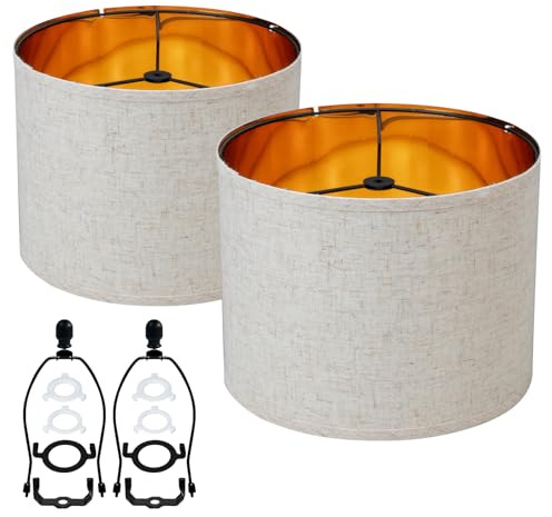 Duoerwo Linen Decorative Large Lampshades Set of 2, Drum 12 Inches, for Table, Floor, Pendant, Farmhouse Lamp, Harp Holder Included