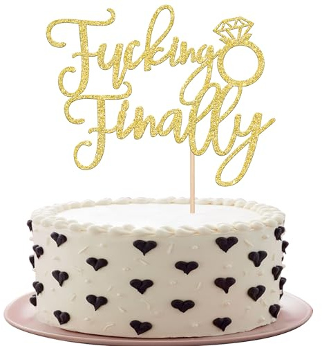 SYKYCTCY 1 Pack Fucking Finally with Diamond Ring Cake Topper Glitter Funny Wedding Engagement Cake Picks for Bridal Shower Theme Birthday Party Cake Decorations Supplies Gold