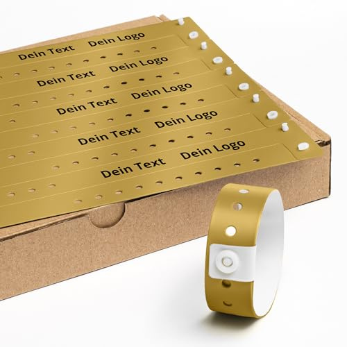 Personalisierbar Einlassbänder Vinyl 200 Stück - 19x255 mm Gold | Events und Party Eintrittsbänder mit Personalisierten Text/Logo - Wasserdicht Festival Armbänder - Club Bänder