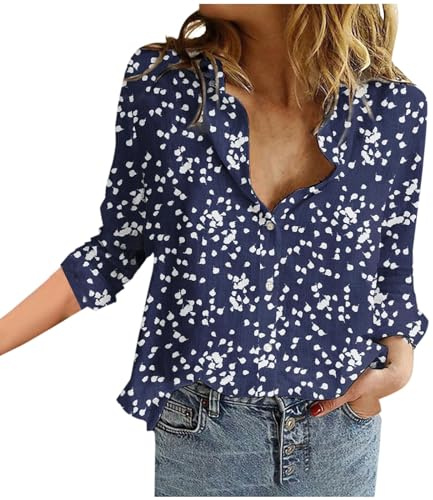 Camisa de Manga Larga Mujer Moda Casual Estampado Camiseta Blusa Verano Suelto Fiesta Cuello en V Tops Elegant T-Shirt Verano Original Basic tee